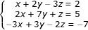 \small \dpi{80} \fn_jvn \left\{\begin{matrix} x+2y-3z=2 & & \\ 2x+7y+z=5& & \\ -3x+3y-2z=-7& & \end{matrix}\right.